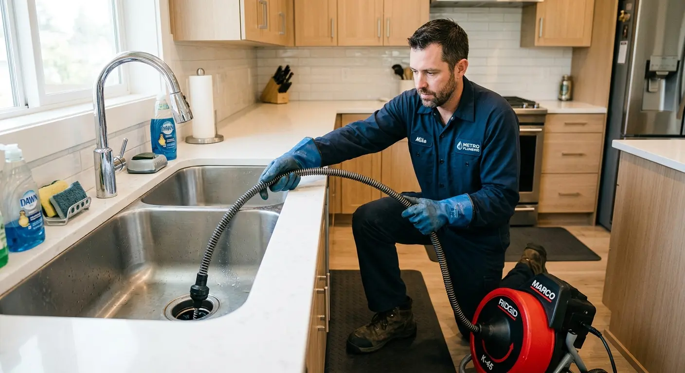 Drain cleaning technician using a motorized snake on a kitchen sink in Bayshore Gardens