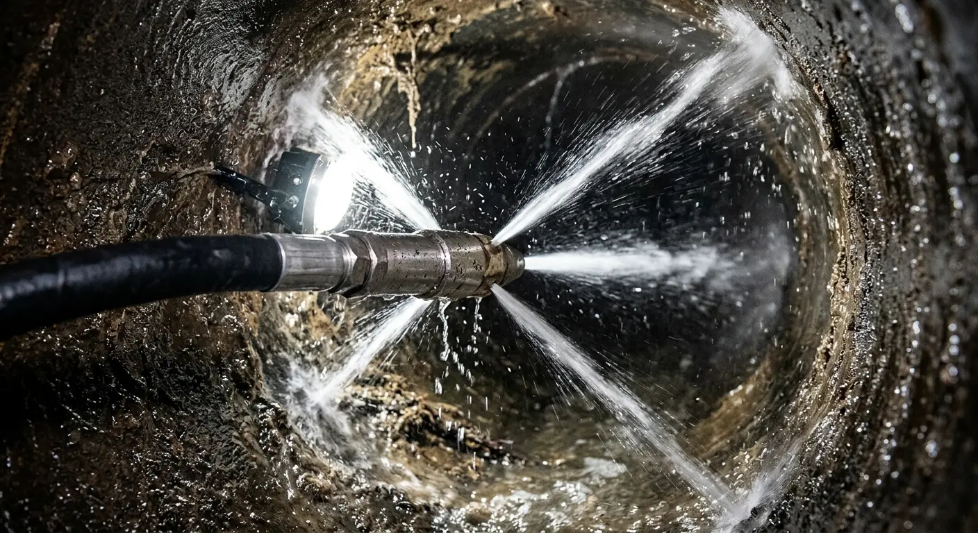 High-pressure hydro jetting nozzle cleaning sewer pipe for Sewer Cleanout in Bayshore Gardens