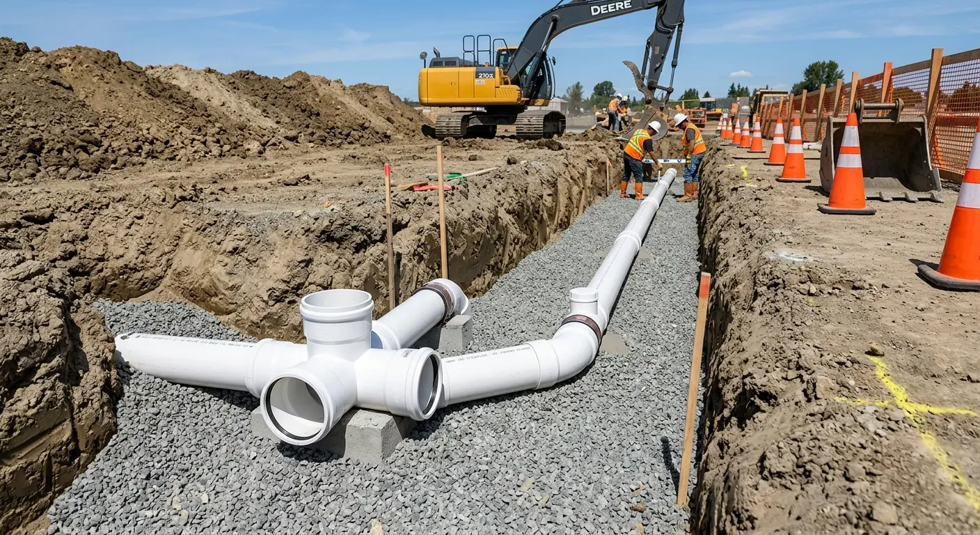 New PVC sewer pipe installation in open trench for Sewer Backup in Bayshore Gardens