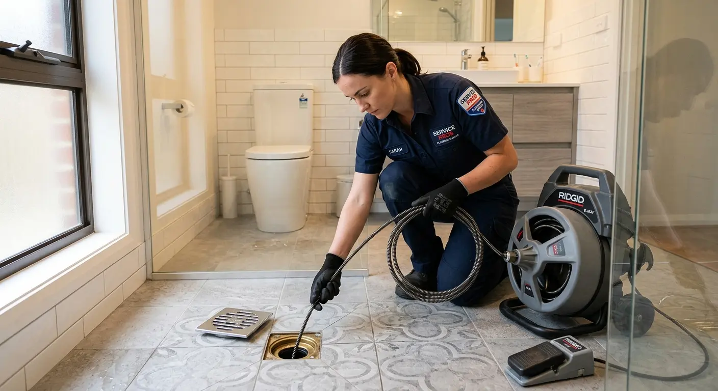 Technician clearing a bathroom floor drain for Drain Repair in Bayshore Gardens